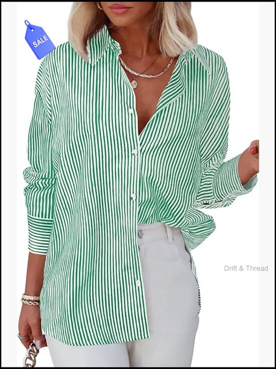 Tops - Striped Button Down Shirt Long Sleeve Collared Office Work Blouse